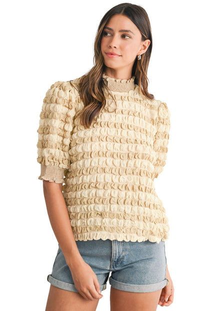 Beige Textured Frill Trim Smocked Puff Sleeve T Shirt