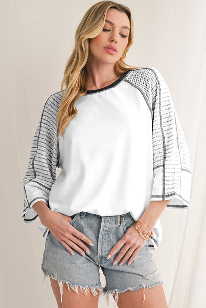 Black Striped Raglan Sleeve Patchwork Top