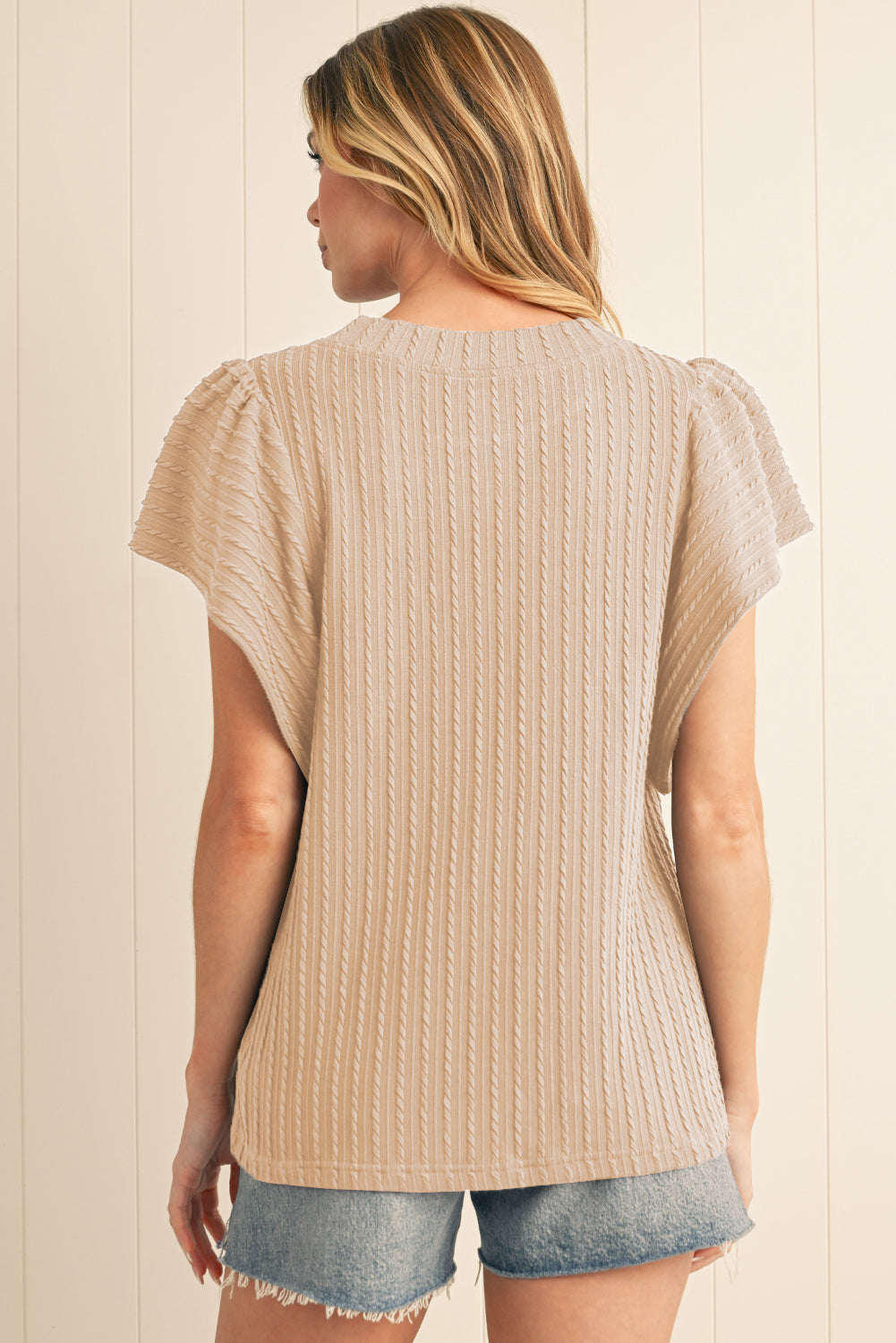 Moonlight Jade Solid Color Textured Ruffle Short Sleeve Knit Top