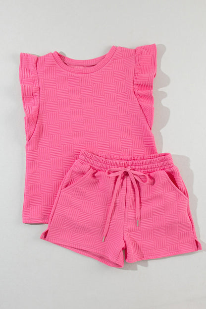 Bright Green Textured Ruffle Sleeve Tee & Drawstring Shorts Set