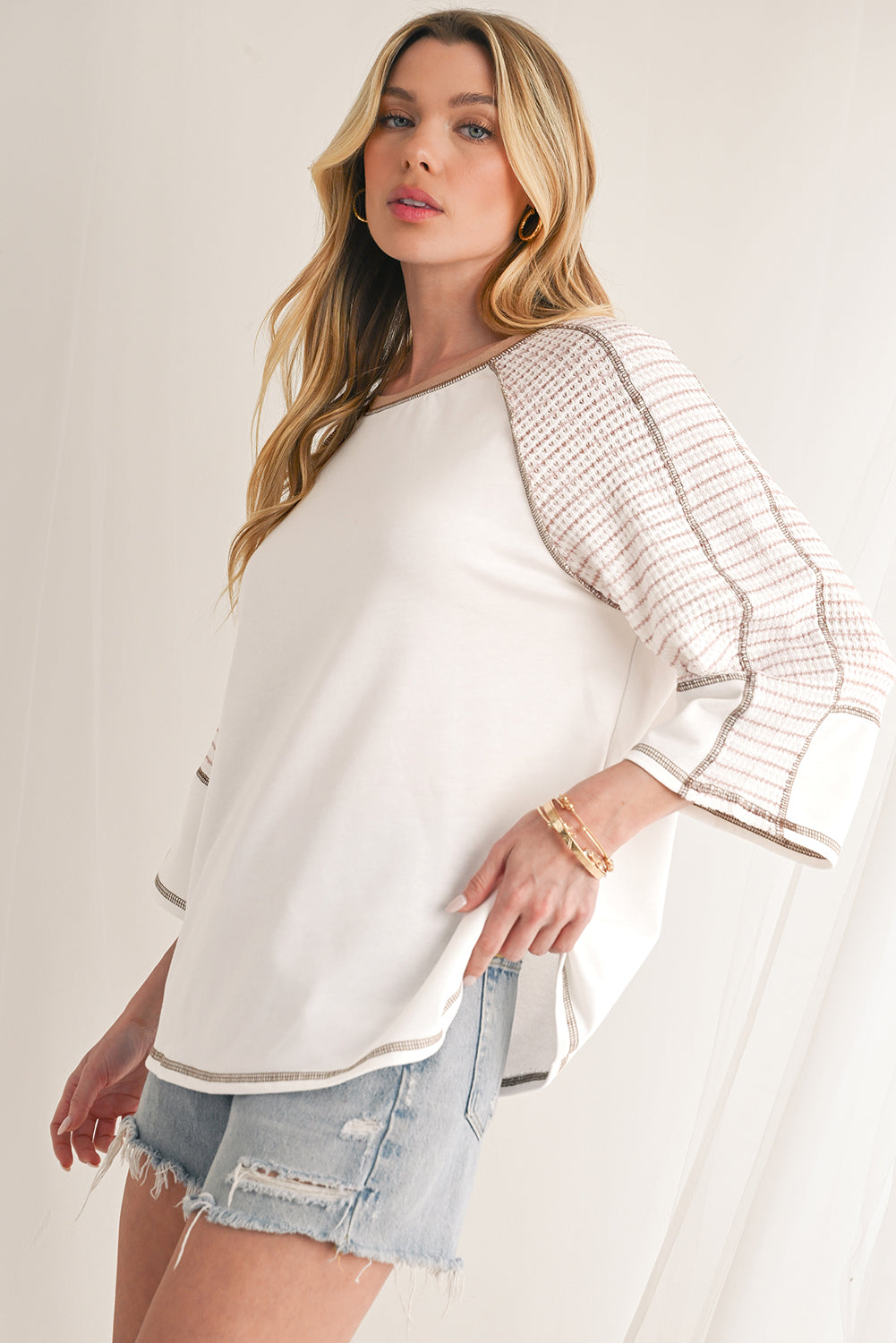 Black Striped Raglan Sleeve Patchwork Top