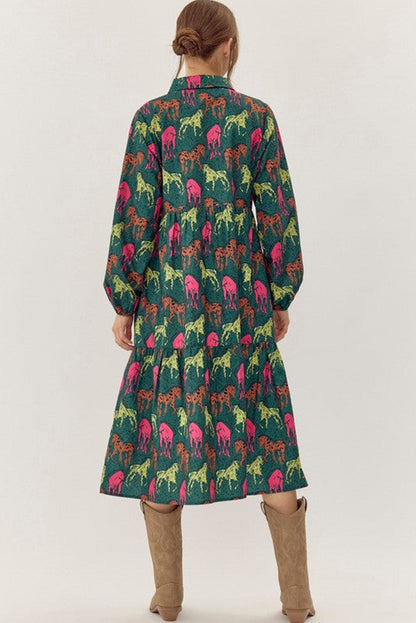 Green Horse Print Long Sleeve Collared Button Plus Size Midi Dress