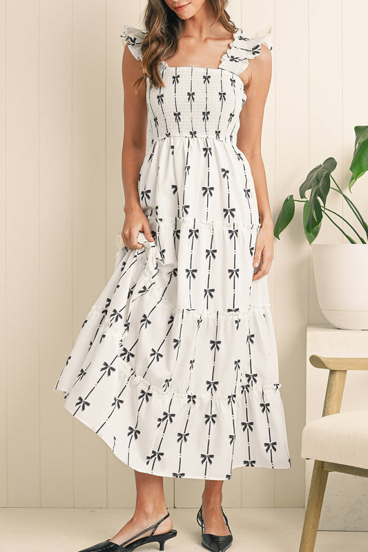 Black Bow Print Smocked Ruffle High Waist Maxi Dress
