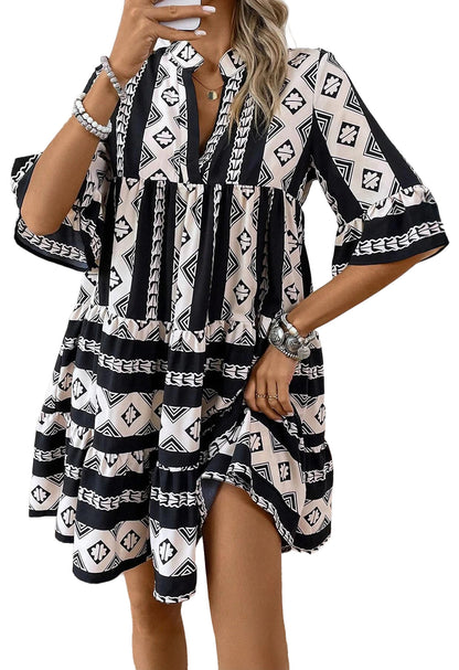 Blue Abstract Print Bell Sleeve V Neck Boho Tiered Dress