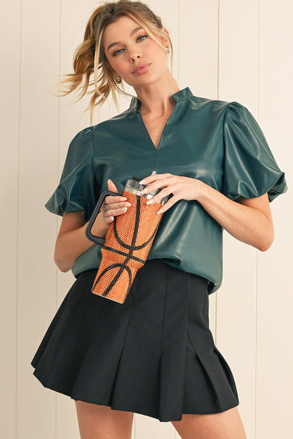 Sea Green Solid Color V-Neck Puff Sleeve Blouse