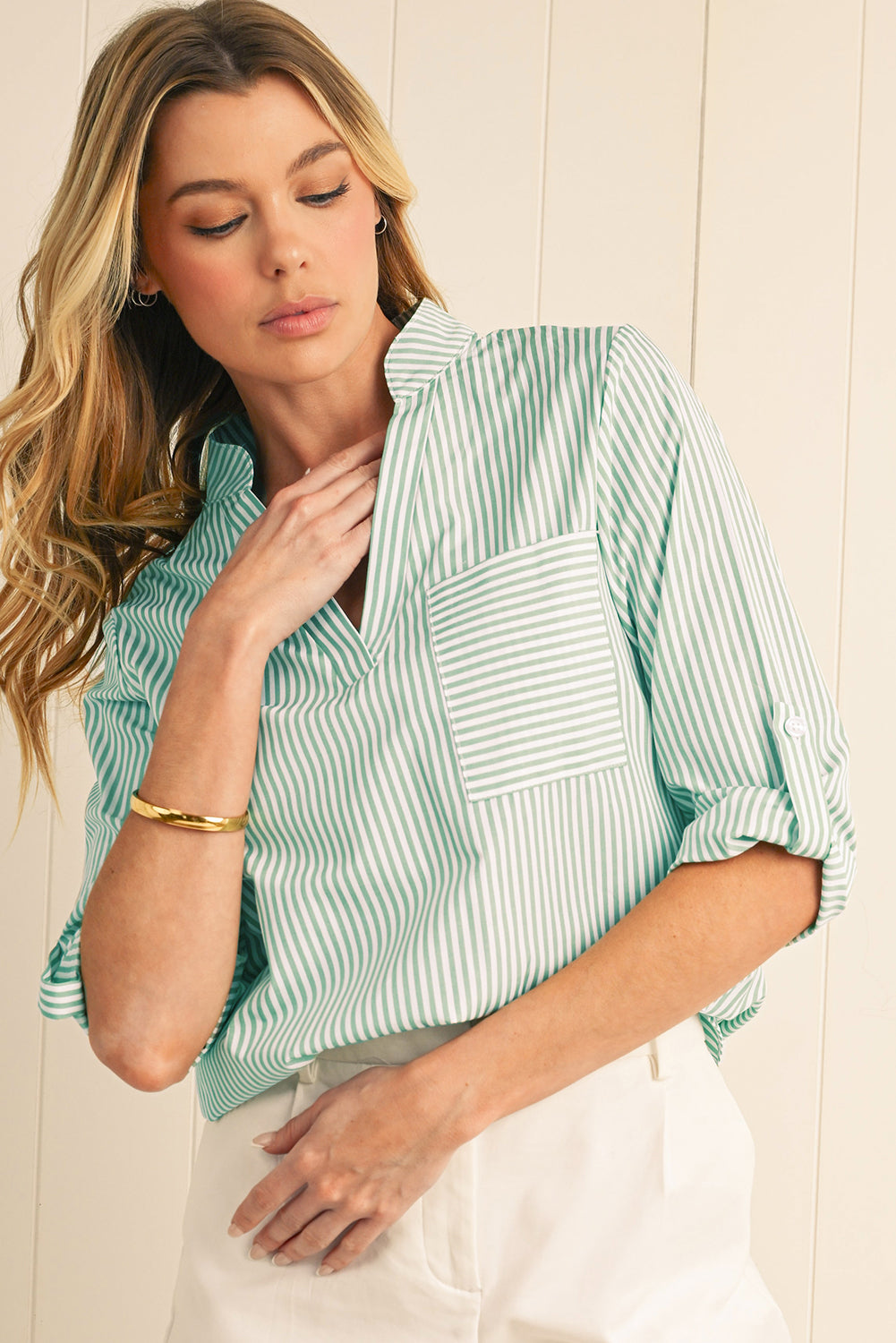 Green Stripe V Neck Pocket Roll-Up Sleeve Shirt