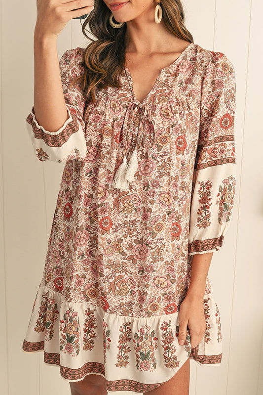 Apricot Floral Print Tassel Drawstring V Neck Loose Mini Dress