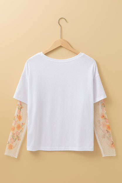 White Floral Mesh Patchwork Sleeve Fake Two-Piece Top