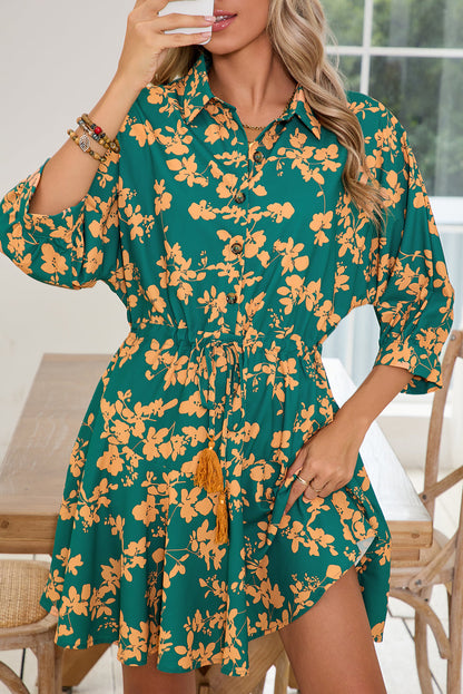 Pink Floral Print Drawstring Flowy Short Dress