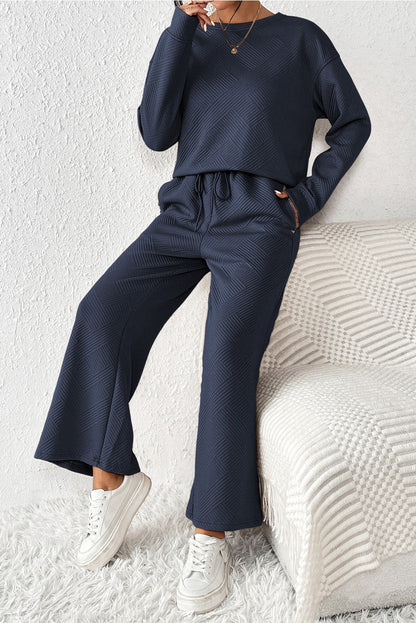Dark Khaki Textured Loose Slouchy Long Sleeve Top and Pants Set