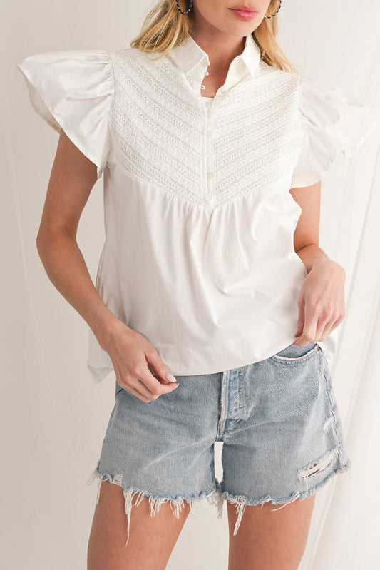 White Crochet Patchwork Ruffle Sleeve Blouse
