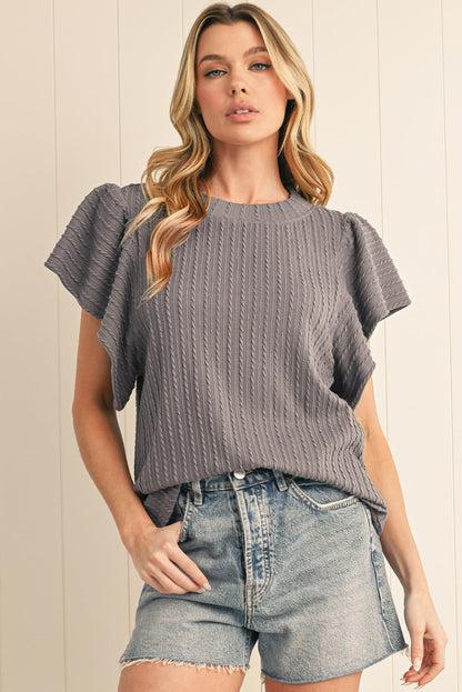 Moonlight Jade Solid Color Textured Ruffle Short Sleeve Knit Top