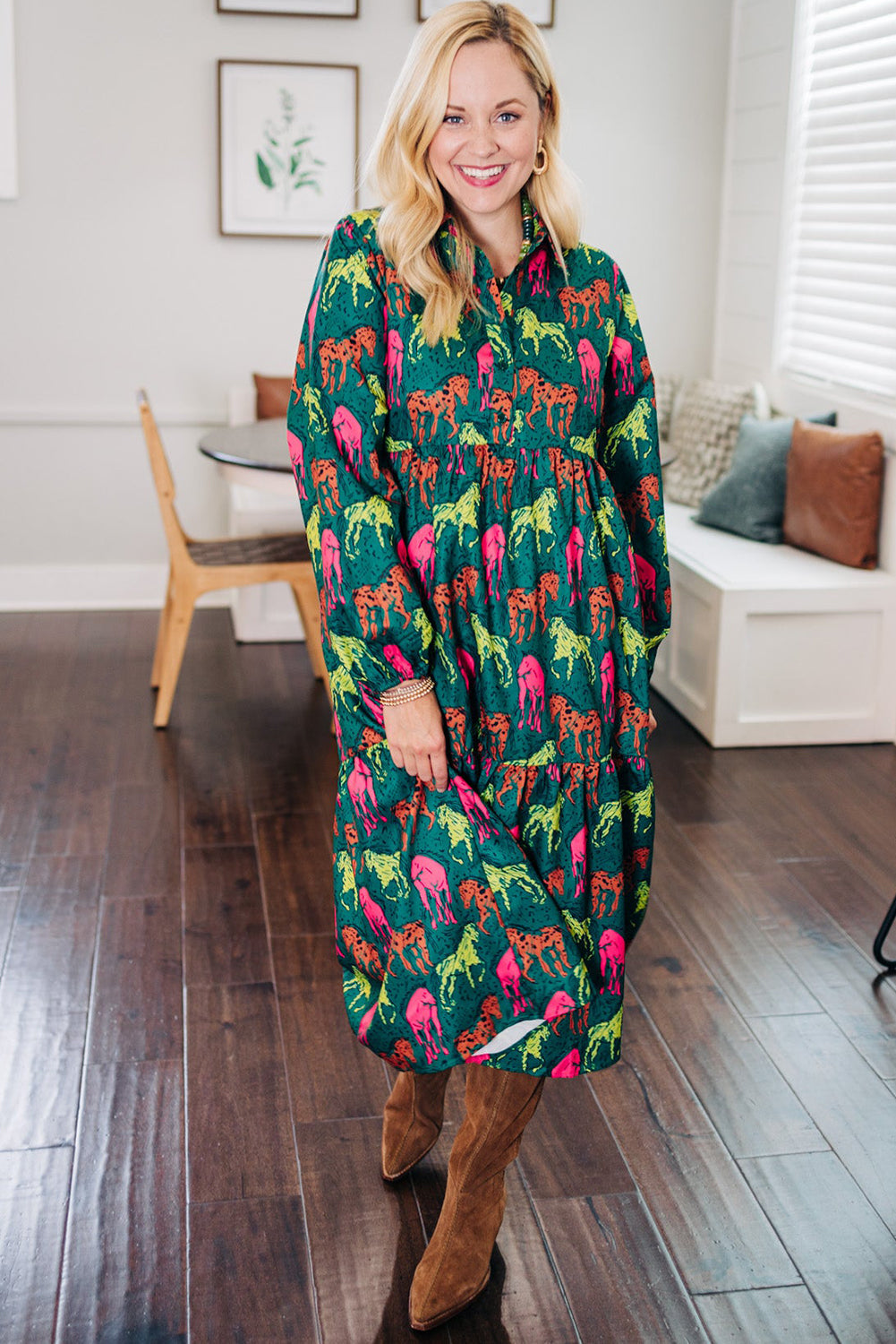 Green Horse Print Long Sleeve Collared Button Plus Size Midi Dress