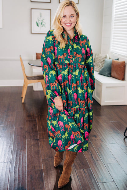 Green Horse Print Long Sleeve Collared Button Plus Size Midi Dress