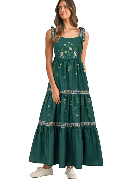 Blackish Green Boho Floral Print Sleeveless Dress