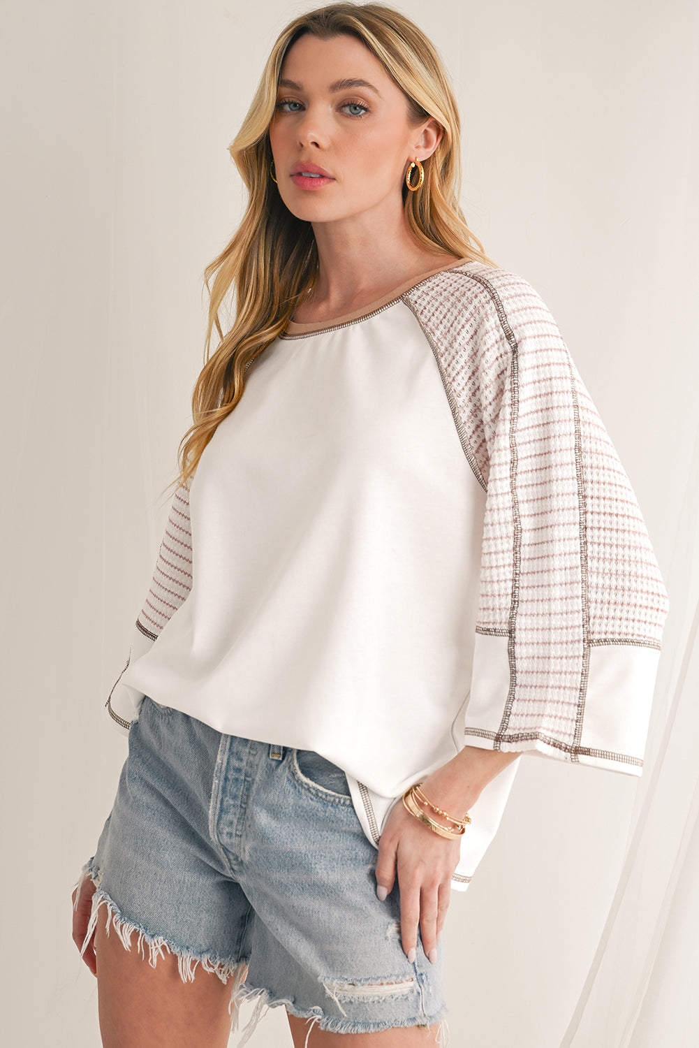 Black Striped Raglan Sleeve Patchwork Top