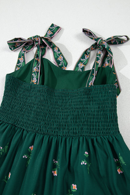 Blackish Green Boho Floral Print Sleeveless Dress