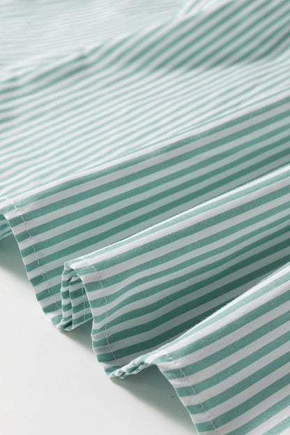Green Stripe V Neck Pocket Roll-Up Sleeve Shirt