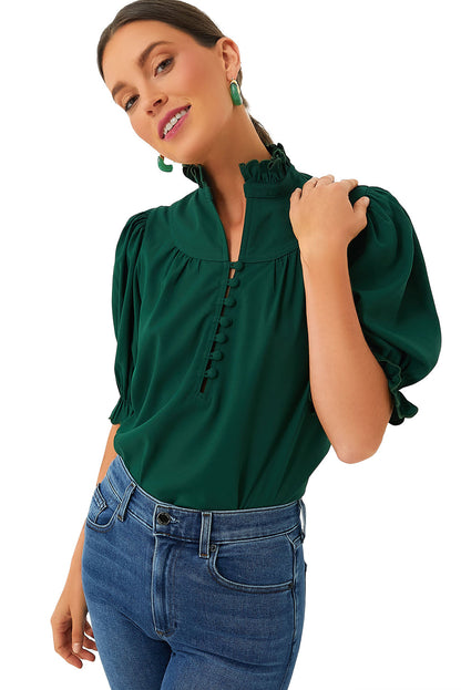 Blackish Green Plain Puff Sleeve Frill Trim Blouse