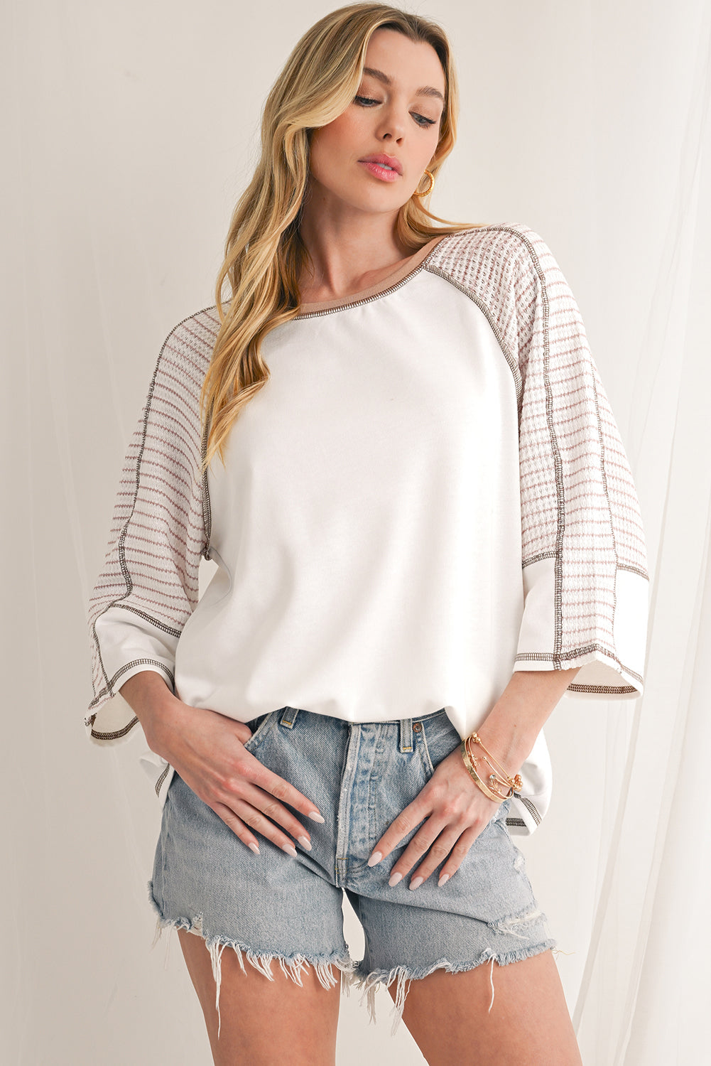 Black Striped Raglan Sleeve Patchwork Top