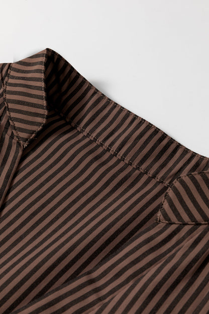 Green Stripe V Neck Pocket Roll-Up Sleeve Shirt