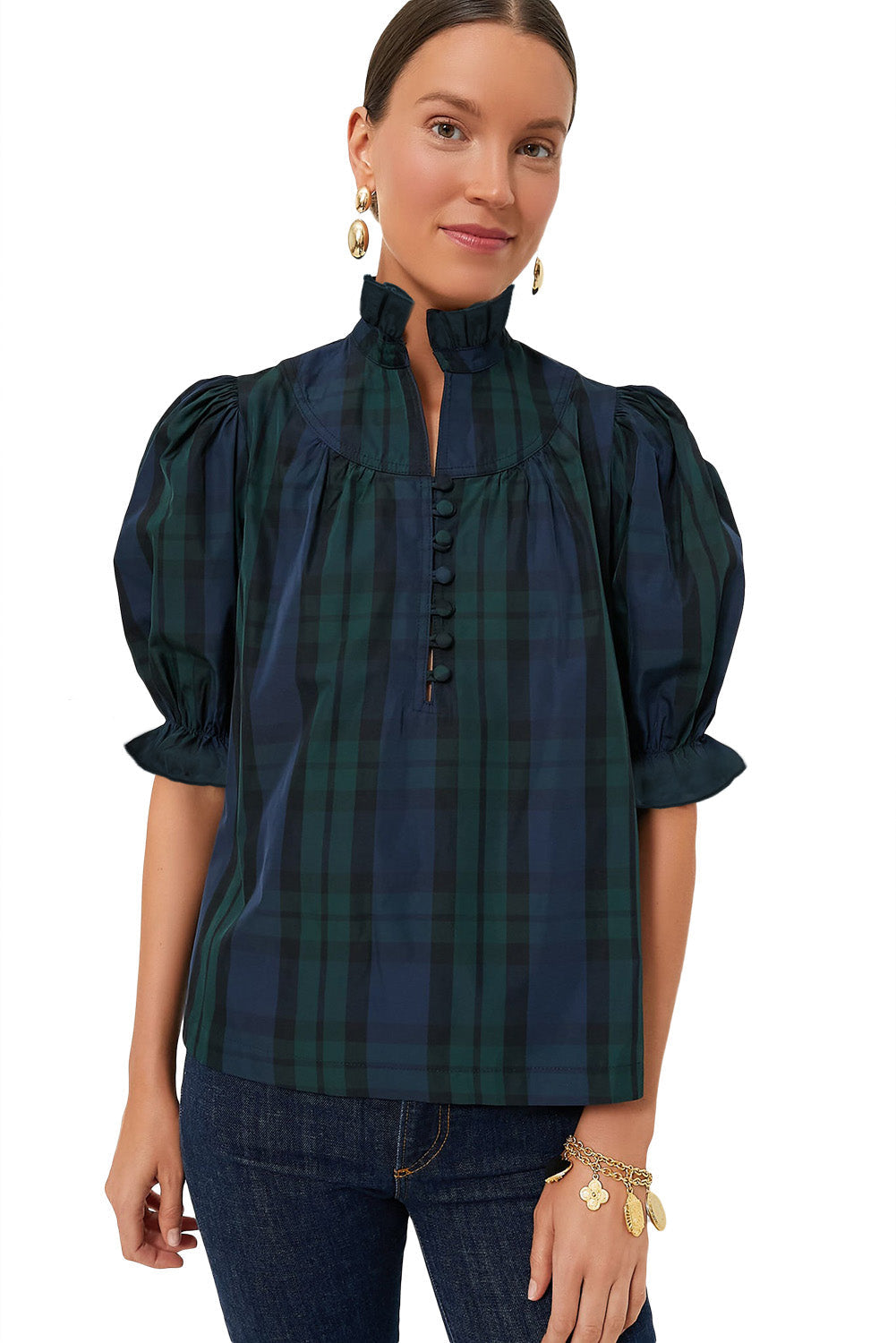 Blackish Green Plain Puff Sleeve Frill Trim Blouse