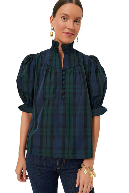 Blackish Green Plain Puff Sleeve Frill Trim Blouse