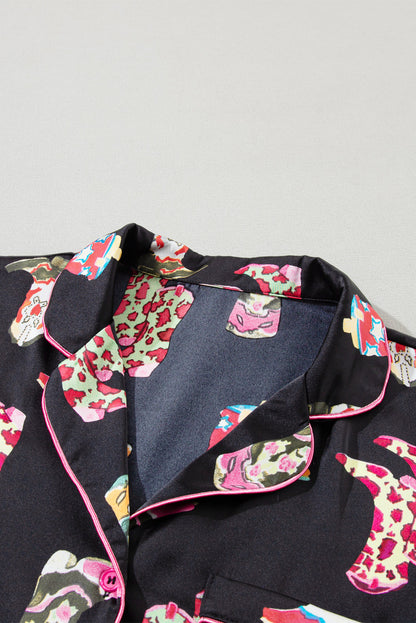 Black Boots Print Button-up Shirt and Shorts Pajama Set