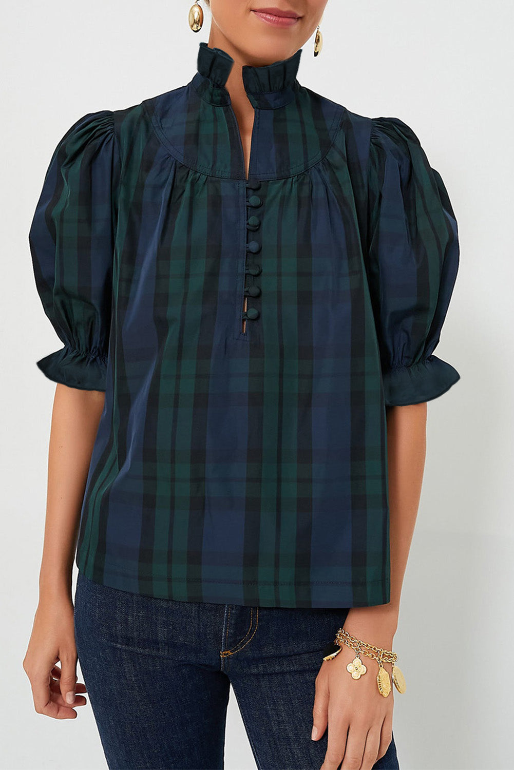 Blackish Green Plain Puff Sleeve Frill Trim Blouse