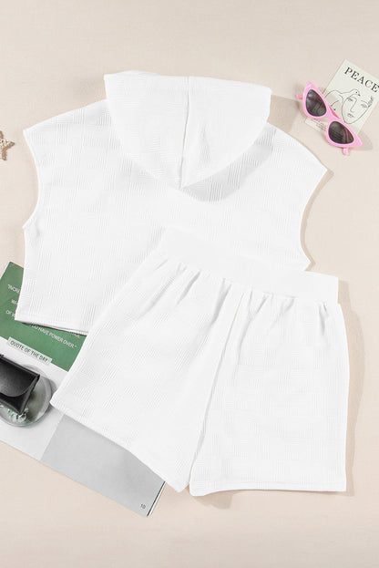White Textured Cropped Hoodie and Pocketed Shorts Set