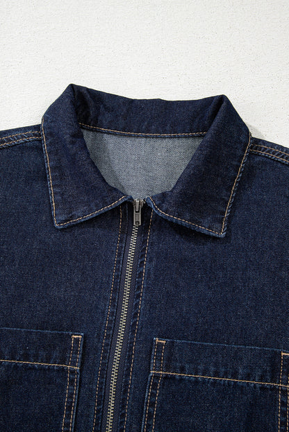 Dirty Blue Puff Sleeve Half Zipper Denim Flowy Dress