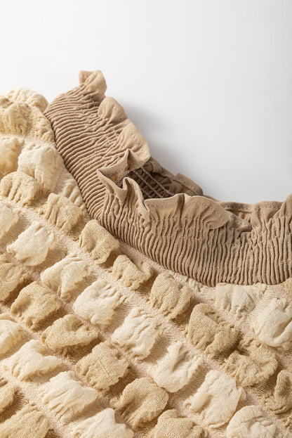 Beige Textured Frill Trim Smocked Puff Sleeve T Shirt
