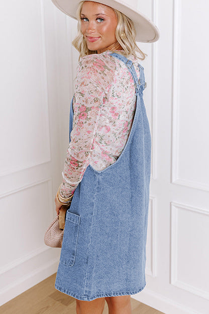 Dusk Blue Wide Strap Button Front Pocketed Denim Short Dress