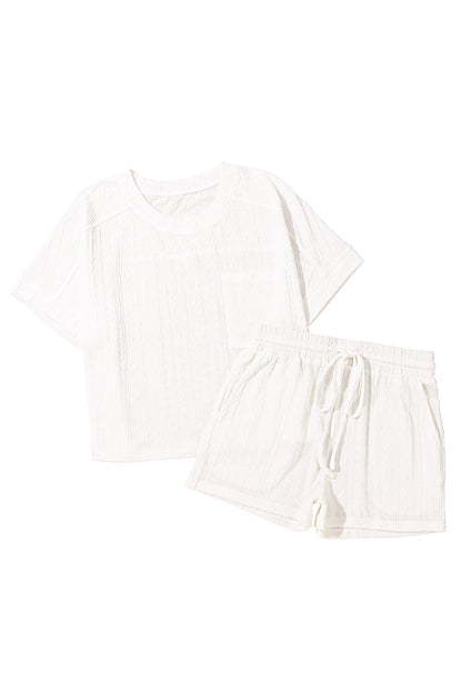 Pale Chestnut Textured Patched Pocket Short Sleeve Top and Drawstring Shorts Set