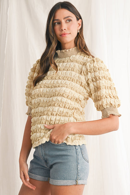 Beige Textured Frill Trim Smocked Puff Sleeve T Shirt